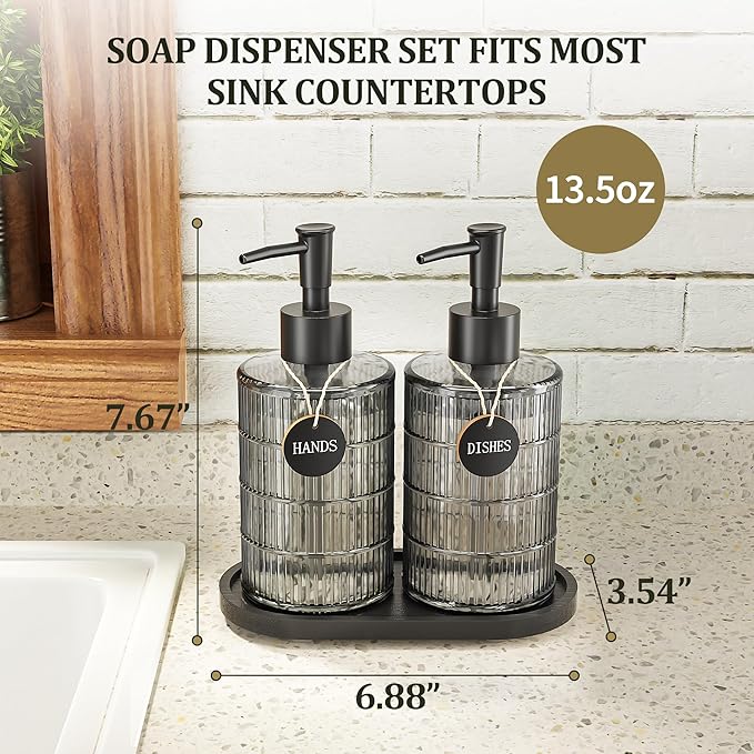 MASADI Soap Dispenser Set with Bamboo Tray, Dish and Hand Soap Lotion Dispenser Set with Wooden Pump for Kitchen and Bathroom Decor for Counter, Modern Vintage Liquid Soap Dispensers (Grey&Black) - Image 2