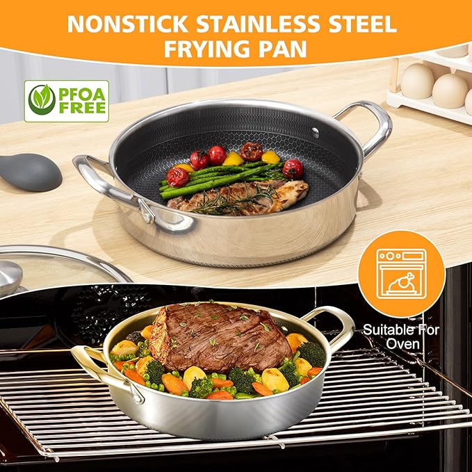 Toutrop Stainless Steel 7QT Saute Pan 14 Inch Deep Frying Pan with Lid Nonstick,Hybird Induction Cooking Pan,PFOA Free Cookware,Large Skillets