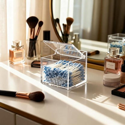Clear Acrylic Qtip Holder With Lid Cotton Balls Swab Organizer,Square Q Tip Storage, Floss Picks, Bath Salts, Cotton Wab Holder,Home Bathroom Decor (DP011)