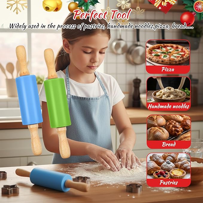 10 Pcs Mini Rolling Pin, 9 Inch Small Silicone Rolling Pin for Baking Non Stick Dough Roller with Wooden Handle 5 Colors for Kitchen Cookie Pastry Fondant Cake
