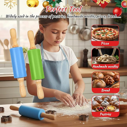10 Pcs Mini Rolling Pin, 9 Inch Small Silicone Rolling Pin for Baking Non Stick Dough Roller with Wooden Handle 5 Colors for Kitchen Cookie Pastry Fondant Cake