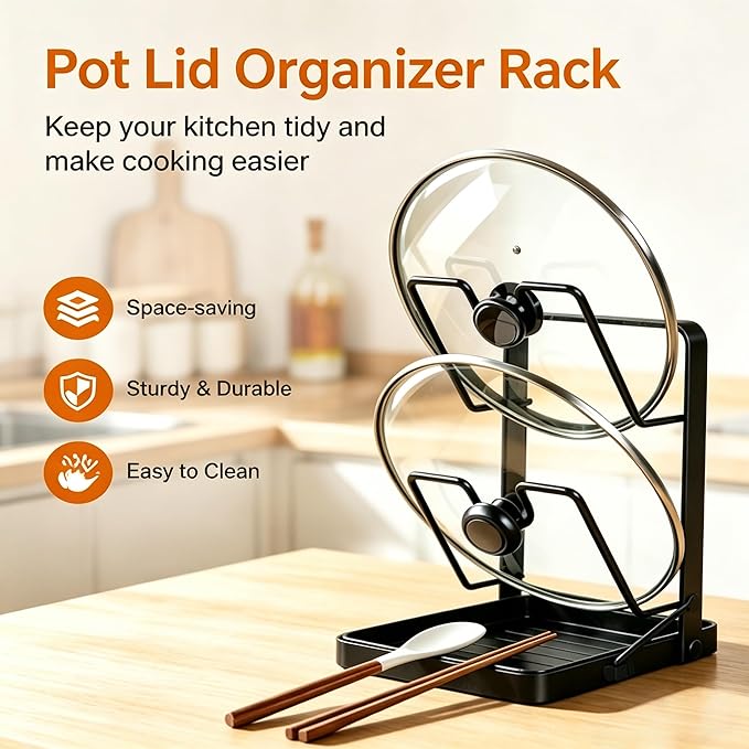 Pot Lids Organizer Rack for Cabinet and Countertop,304 Stainless Steel Kitchen Pot Lid Storage Rack,Pot Lid Holder while Cooking with Removable Tray & Spoon Rest,Waterproof & Rustproof