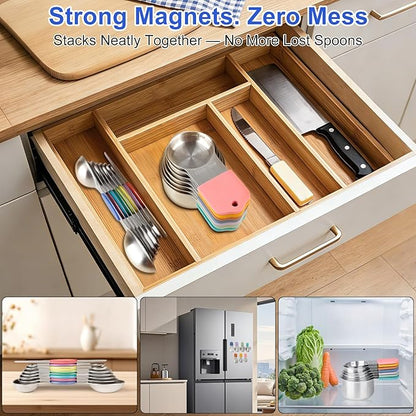 Magnetic Measuring Cups & Spoons Set, Strong N45 Magnets, Heavy Duty Stainless Steel Fits in Spice Jars for Baking & Cooking, BPA Free, Round Set of 15 with Leveler, Light Colorful - Image 4