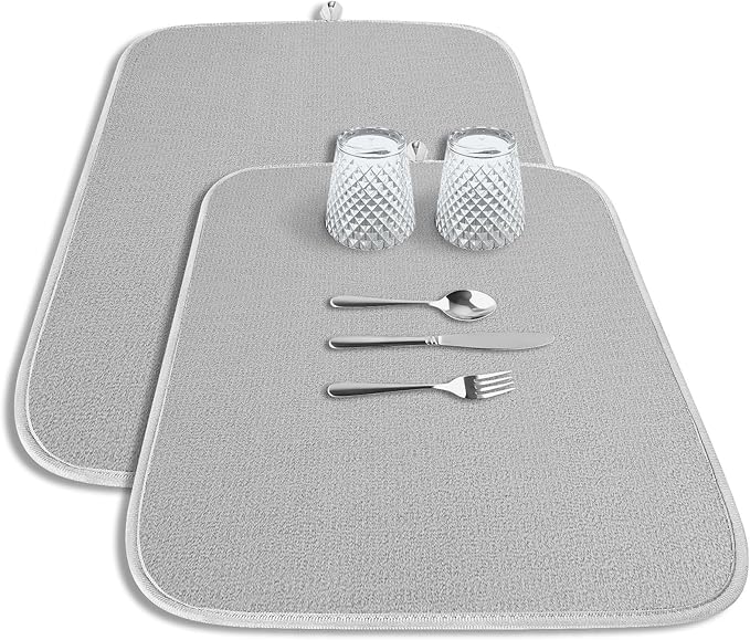 Kitsure Dish Drying Mat - 2-Pack Washable Microfiber Drying Mat for Kitchen Counter, 3-Layer Ultra Absorbent Pad with a Hanging Hook, 20" x 14", Light Gray by Kitsure