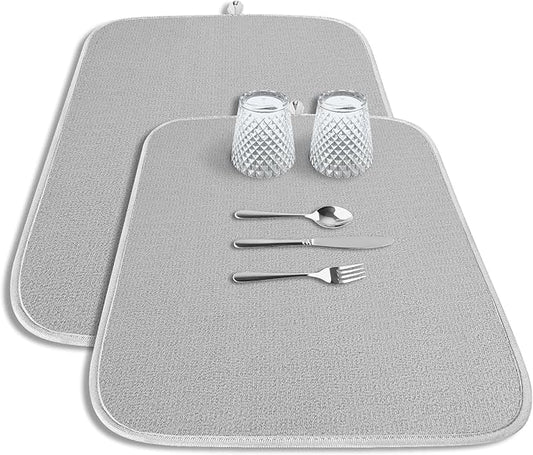 Kitsure Dish Drying Mat - 2-Pack Washable Microfiber Drying Mat for Kitchen Counter, 3-Layer Ultra Absorbent Pad with a Hanging Hook, 20" x 14", Light Gray by Kitsure