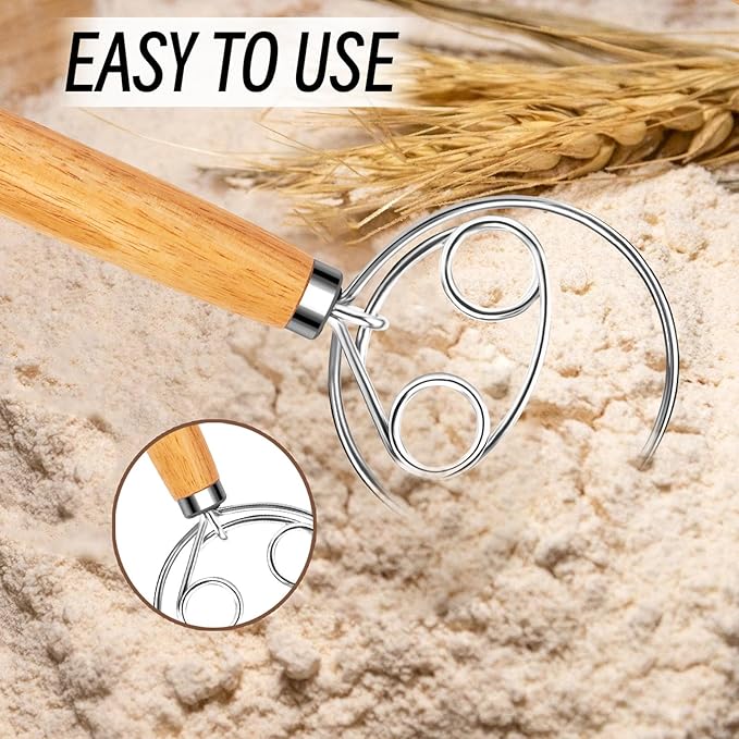 Danish Dough Whisk Stainless Steel Wooden Handle for Sourdough Bread Pizza and Pastry Making - Image 2
