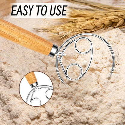 Danish Dough Whisk Stainless Steel Wooden Handle for Sourdough Bread Pizza and Pastry Making - Image 2