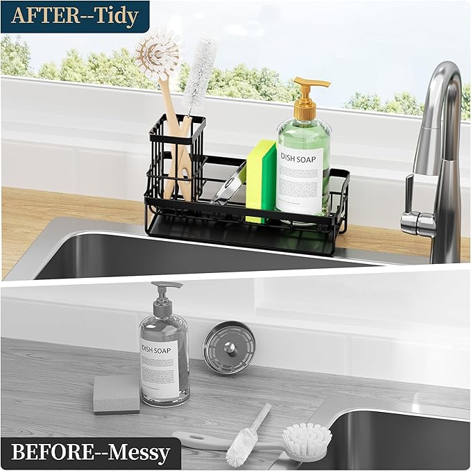 Consumest Sponge Holder for Kitchen Sink - Sink Caddy with Stainless Steel Self Drain Tray, Sink Organizer with High Brush Holder Countertop for Kitchen Sink Accessories, Black - Image 5