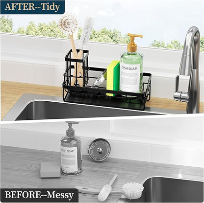 Consumest Sponge Holder for Kitchen Sink - Sink Caddy with Stainless Steel Self Drain Tray, Sink Organizer with High Brush Holder Countertop for Kitchen Sink Accessories, Black - Image 5