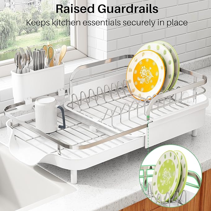 SAYZH Dish Drying Rack - Expandable Dish Rack for Kitchen Counter, Rust-Resistant Dish Drainer with Utensil Holder and Raised Guardrail, Kitchen Organizer for Cup and Bottle (White) - Image 6