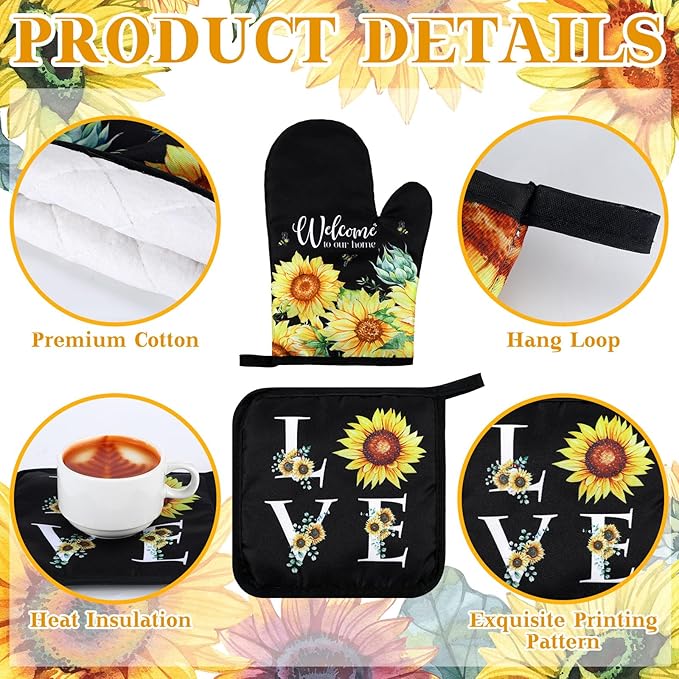 Leinuosen 6 Classic Sunflower Kitchen Towels Kitchen Decor and Accessories Set Floral Plant Oven Mitts and Pot Holders Sets Farmhouse Absorbent Dish Towels for Cooking Baking Grilling - Image 5