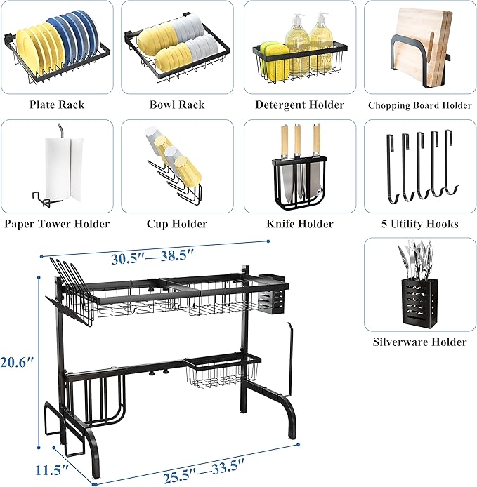 SAYZH Over The Sink Dish Drying Rack, Adjustable (25.5 to 33.5 inch) 2 Tier Metal Steel Dish Drying Racks for Kitchen Counter with Hooks Paper Towel Utensil Cup Holder Sink Caddy (Black) - Image 6