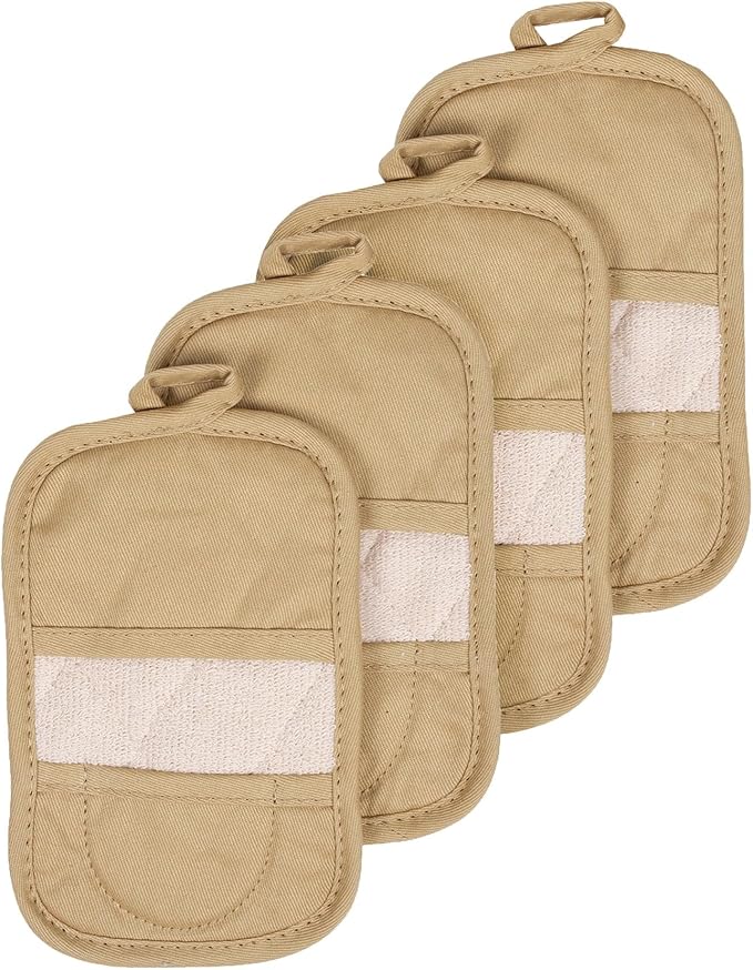 RITZ Premium Pot Holders & Heating Pads (4-Pack), 8.5" x 5.5", Heat Resistant, 100% Cotton Terry-Looped Pocket, Kitchen and Barbeque, Biscotti by Ritz+Foodservice