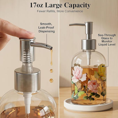 Glass Soap Dispenser Bottle with Pump,Refillable Liquid Hand Dispenser for Bathroom, Kitchen Soap Dispenser 17 oz