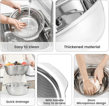 304 Stainless Steel Microporous Colander with Handle, Rice Washers Microporous Strainer Set For washing vegetables, fruits and rice, and draining cooked pasta(2QT with handle-Gold) - Image 4