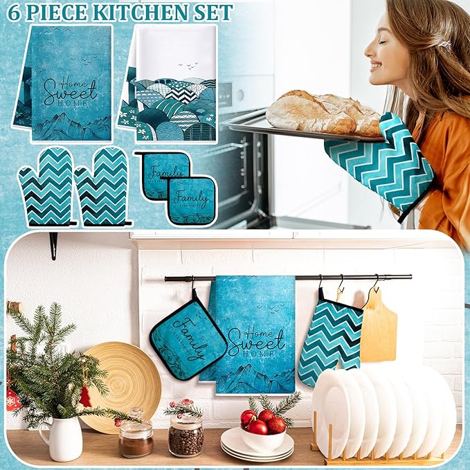 Bencailor 6 Pcs Boho Mountains Kitchen Towels Oven Mitts and Pot Holders Set Decorative Dish Towels Tea Washcloth Non Slip Heat Resistant Oven Gloves for Summer Home Cooking Baking, Turquoise - Image 2