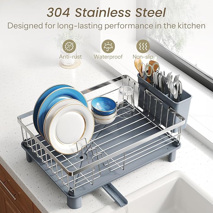 SNTD Dish Drying Rack - Small Dish Rack for Kitchen Counter, Stainless Steel Dish Drainer with Utensil Holder and Drainboard, 11" W x 15" L (Silver) - Image 5
