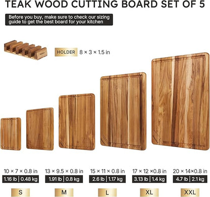 5 Pack Teak Wood Cutting Board Set for Kitchen with Holder Charcuterie Board Serving Heavy Duty Non Toxic Slip Hardwood Over Sink Solid Thick Wooden Chopping Board Large Big Small Best Essential Gift - Image 2
