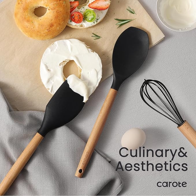 CAROTE Silicone Cooking Utensils Set for Nonstick Cookware, 446°F Heat Resistant Kitchen Utensil Set with Wooden Handle 10pcs, Spatula, Turner, Spoon, Tongs, Whisk - Image 4