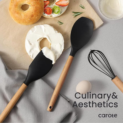 CAROTE Silicone Cooking Utensils Set for Nonstick Cookware, 446°F Heat Resistant Kitchen Utensil Set with Wooden Handle 10pcs, Spatula, Turner, Spoon, Tongs, Whisk - Image 4