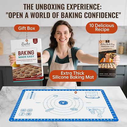 Non Stick Silicone Pastry Mat for Dough Rolling,Silicone Baking Mat with Measurement for Baking Pie Crust, Pizza & Cookies, Baking Sheet With 10 Recipes 480°F Oven Safe