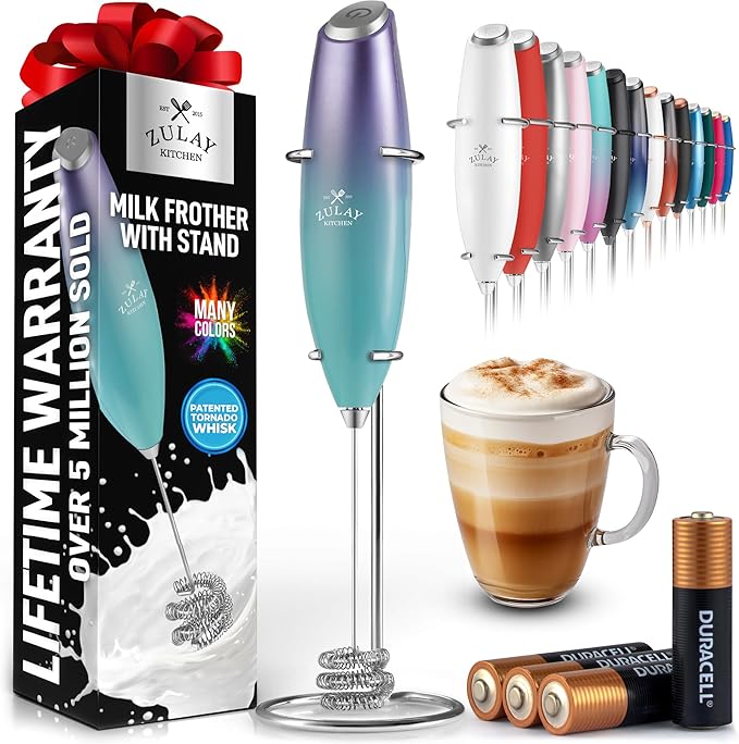 Zulay Kitchen Patented Tornado Triple Whisk Milk Frother with 4 Duracell Batteries – Handheld Foam Maker for Coffee, Lattes, Matcha & Hot Chocolate – Rich, Creamy Froth in Seconds - Borealis by ZulayKitchen