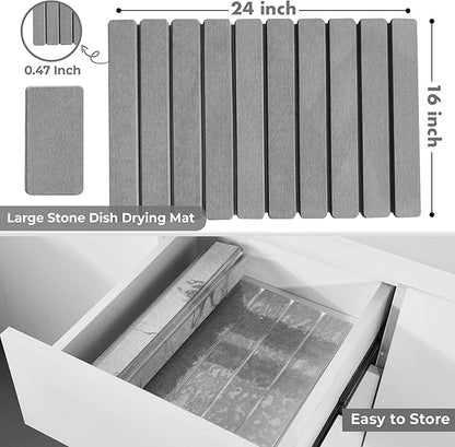 Large Stone Dish Drying Mat for Kitchen Counter, Quick Dry Stone Dishes Mats, Stones Drying Mat for Kitchen Counter, Water Absorbing Diatomaceous Drying Mat (Light Gray 24"×16" & 8"x4")