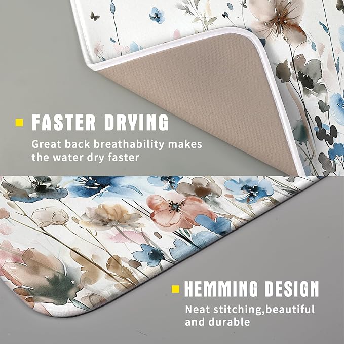 Giwawa Watercolor Floral Dish Drying Mat, 16"x18" Blue Grey Brown Flowers Kitchen Drainer Mats, Spring Summer Wildflower Microfiber Small Dish Drying Pad for Countertop Tabletop Decoration