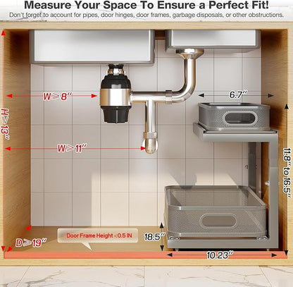 2-Pack 18.5 IN Depth Under Sink Organizer With Next-Gen Ball-Bearing Slides,Sophisticated Mesh 2-Tier Pull Out Shelf for Kitchen & Bathroom,Fits Small Items-Gun Gray