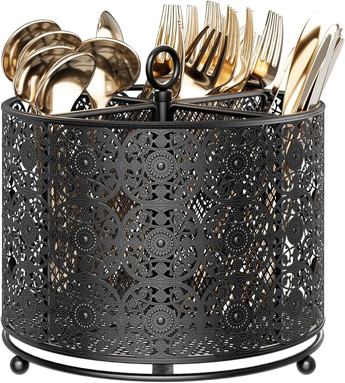 YIUKEA 360° Rotating Utensil Caddy Countertop - Cutlery Silverware Caddy Holder with 4 Compartment - Higher Raised Flatware Organizer with Handle for Party Kitchen Counter Office Black by YIUKEA