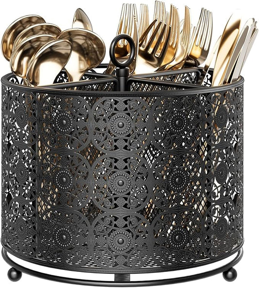 YIUKEA 360° Rotating Utensil Caddy Countertop - Cutlery Silverware Caddy Holder with 4 Compartment - Higher Raised Flatware Organizer with Handle for Party Kitchen Counter Office Black by YIUKEA