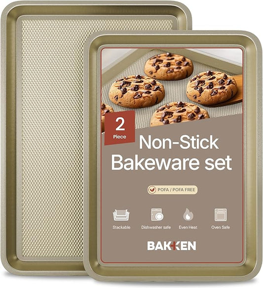 Diamond Bottom Cookie Sheet Set of 2, Nonstick Gold Carbon Steel Baking Pans for Crisp Baking, Space-Saving Stackable Trays, PFOA, PFOS, PTFE Free, Oven Safe Up to 450°F, Small & Medium Pans by Unknown