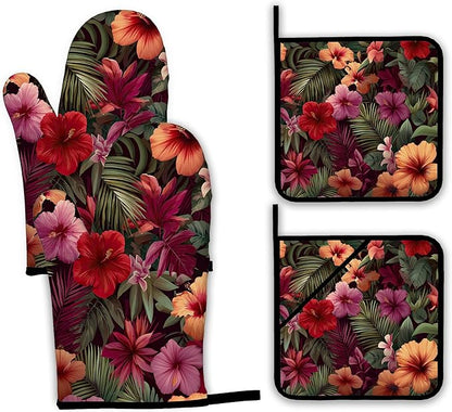 Tropical Palm Leaf Oven Mitts and Pot Holders Set,Hibiscus Kitchen Oven Gloves and Pot Holder with Heat Resistant Non Slip for Cooking Baking Grilling(4 Piece Set)