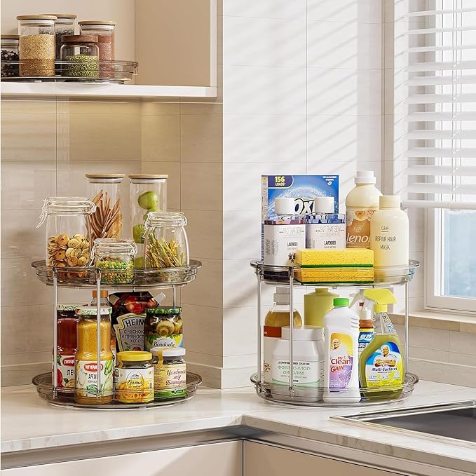 LAMU 2 Pack 2 Tier Lazy Susan Turntable Organizer 10.6'' Rotating Spice Rack Organization for Cabinet, Kitchen, Pantry, Countertop, Bathroom, Vanity, Medicine Cabinet Organizer, Grey - Image 6