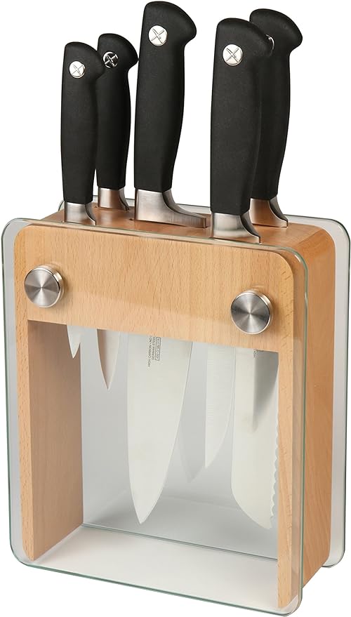 Mercer Culinary M20050 Genesis 6-Piece Wood / Glass Knife Block Set