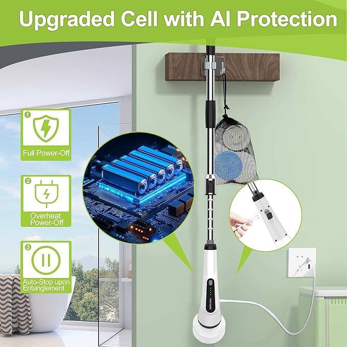 Dreazu Electric Spin Scrubber, 12-in-1 Shower Scrubber & Retractable Long Handle, 44 lbs High-Torque & Variable Speed Shower Cleaning Brush for Bathroom,Toilet, Bathtub, Kitchen, Tile Floors, Car