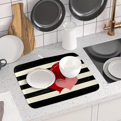 Valentines Day Dish Drying Mat for Kitchen Counter 16x18 Inch Red Pink Love Heart Black Striped Print Absorbent Reversible Microfiber Drying Mats Kitchen Countertop Protector Dishes Drainer Rack Pad - Image 6