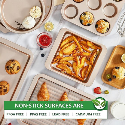 HONGBAKE Bakeware Sets, Baking Pans Set, Nonstick Oven Pan for Kitchen with Wider Grips, 10-Piece Including Rack, Cookie Sheet, Cake Pans, Loaf Pan, Muffin Pan, Pizza Pan - Champagne Gold - Image 5