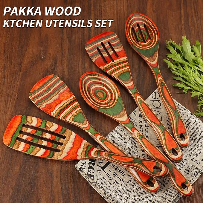 Wooden Spoons for Cooking, WOSPONFAN Kitchen Utensils Set, Pakkawood Kitchen Cooking Utensils Set, Apartment Essentials Wood Serving Spatula spoon, Salad Tongs, Home & kitchen Gift for Women