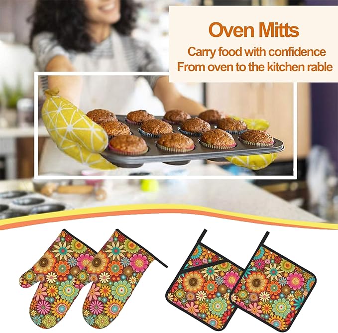 Mandala Flower Pattern Oven Gloves and Hot Pads Set - Heatproof Hand Protection for Baking, Grilling, Cooking 4Pcs