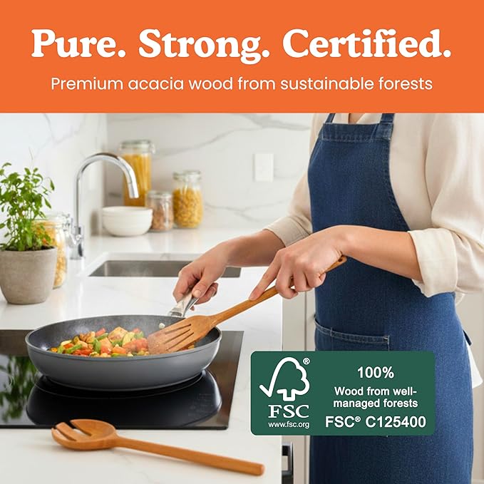 Non-Toxic Cooking Utensils – 6-Piece Kitchen Utensils Set, Glue-Free & One-Piece Wooden Spoons for Cooking, Natural Wooden Utensil Set with Plant-Based Finish, Free of Forever Chemicals - Image 4