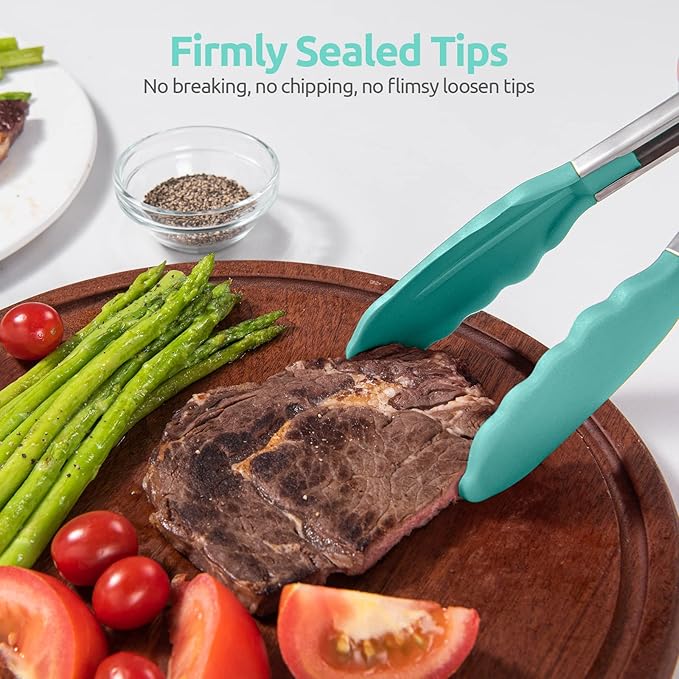 600ºF Heat Resistant Kitchen Tongs: U-Taste 9 inch Silicone Cooking Tong with Firm Sealed Non Stick Rubber Tips & Silicon Coated 18/8 Stainless Steel Handle & Smooth Locking for Serving Salad-Aqua Sky - Image 9