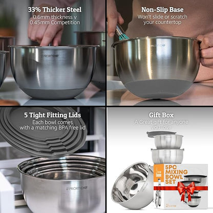 Priority Chef Premium Mixing Bowls With Airtight Lids Set, Thicker Stainless Steel Mixing Bowl Set, Large Prep Metal Bowls with Lids, Nesting Bowls for Kitchen, 1.5/2/3/4/5 Qrt, Grey - Image 2