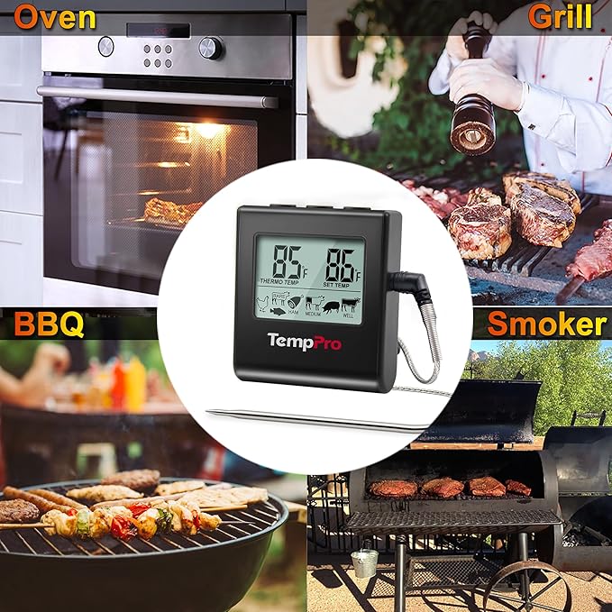 TempPro TP16 Large LCD Digital Meat Thermometer for Cooking, Smoking, Grilling, BBQ Food Temperature Indicator with Clock Timer and Stainless Steel Probe, Black(Previously ThermoPro) - Image 7