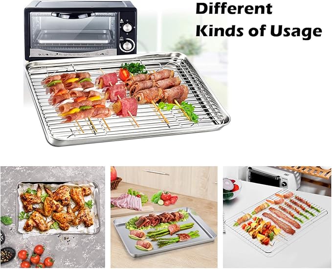 P&P CHEF 16 + 12.5 + 10.4 + 9 Inch Baking Sheet and Rack Set, 8Pcs Stainless Steel Cookie Sheets Oven Baking Pans Trays with Cooling Racks for Cooking, Oven & Dishwasher Safe, Pans with Wire Racks - Image 6