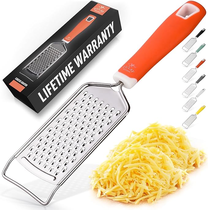 Zulay Kitchen Professional Cheese Grater Stainless Steel - Durable Rust-Proof Metal Lemon Zester Grater With Handle - Flat Handheld Shredder for Parmesan, Chocolate, Spices, And More - Orange by ZulayKitchen