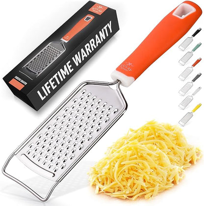 Zulay Kitchen Professional Cheese Grater Stainless Steel - Durable Rust-Proof Metal Lemon Zester Grater With Handle - Flat Handheld Shredder for Parmesan, Chocolate, Spices, And More - Orange by ZulayKitchen