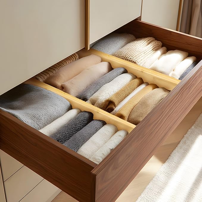 VaeFae 3 Pack Bamboo Drawer Dividers, 4" High Adjustable 16.6" - 21.8" Clothes Drawer Organizers, Expandable Separators for Bedroom/Bathroom/Kitchen/Office Storage - Image 2