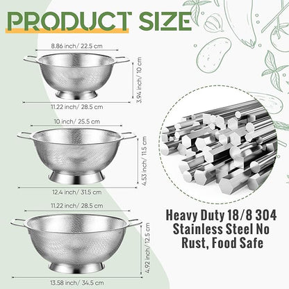 Bokon 3 Pcs Stainless Steel Colander Set Colander Bowl and Sieves 1/3/5 Quart Metal Mesh Strainer Net Basket with Handles Food Spaghetti Strainer for Kitchen Draining Pasta Rinsing(Silver)