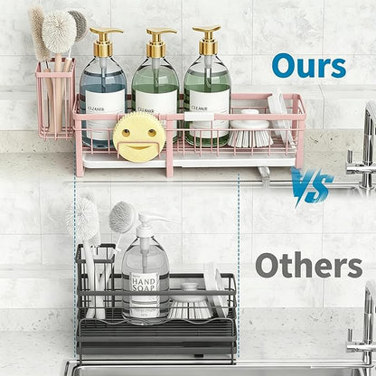 Aurblozen Extra Large Extendable Sponge Holder for Kitchen Sink, Rustproof Sink Caddy Organizer with High Brush Holder, Dish Soap Dispenser Organizers and Storage (Pink)